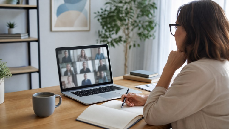 Frau nimmt am Laptop an einer Online-Supervision teil